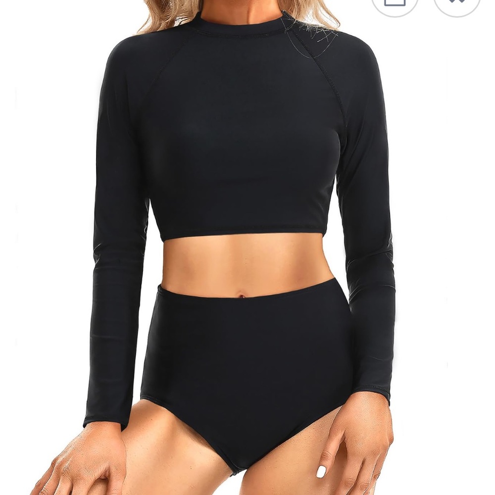 Pinup Fashion Black Long Sleeve Crop Top and High Waist Bottom Set